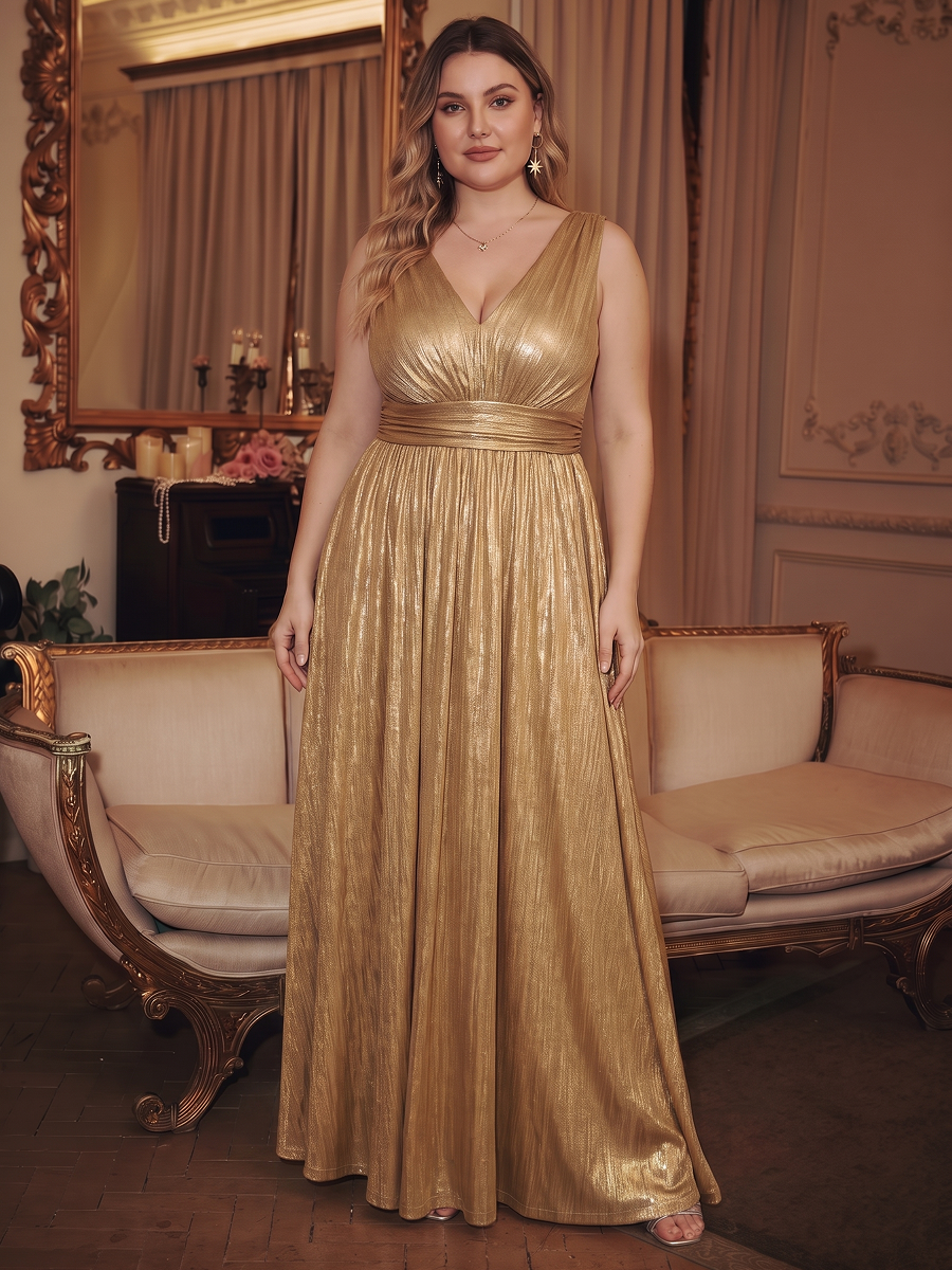 Maxilänge V-Ausschnitt Weiter Rock Aus Mesh Elegantes Abendkleid Mit Atemberaubendem Design #Farbe_Gold