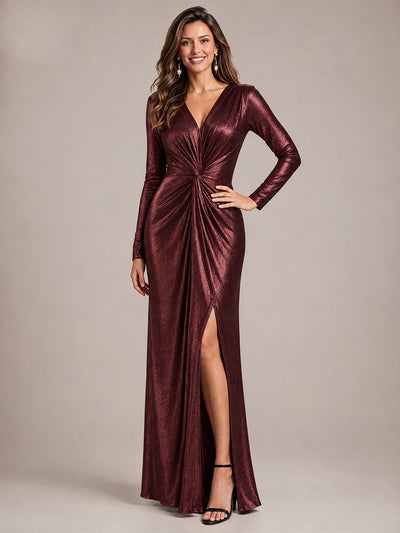 Maxilänge V-Ausschnitt Etui Kleid Aus Mesh Schlitz Zum Binden #Farbe_Mahagonibraun