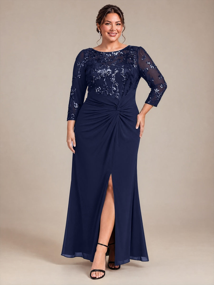 Maxilänge Runder Ausschnitt Asymmetrischer Saum Pailletten Kleid Zum Binden #Farbe_Marineblau