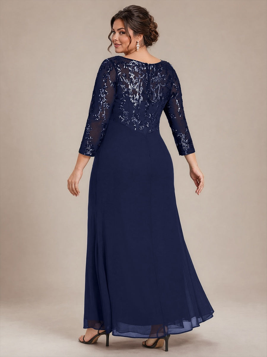 Maxilänge Runder Ausschnitt Asymmetrischer Saum Pailletten Kleid Zum Binden #Farbe_Marineblau
