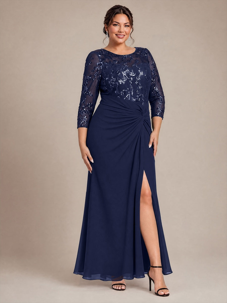 Maxilänge Runder Ausschnitt Asymmetrischer Saum Pailletten Kleid Zum Binden #Farbe_Marineblau