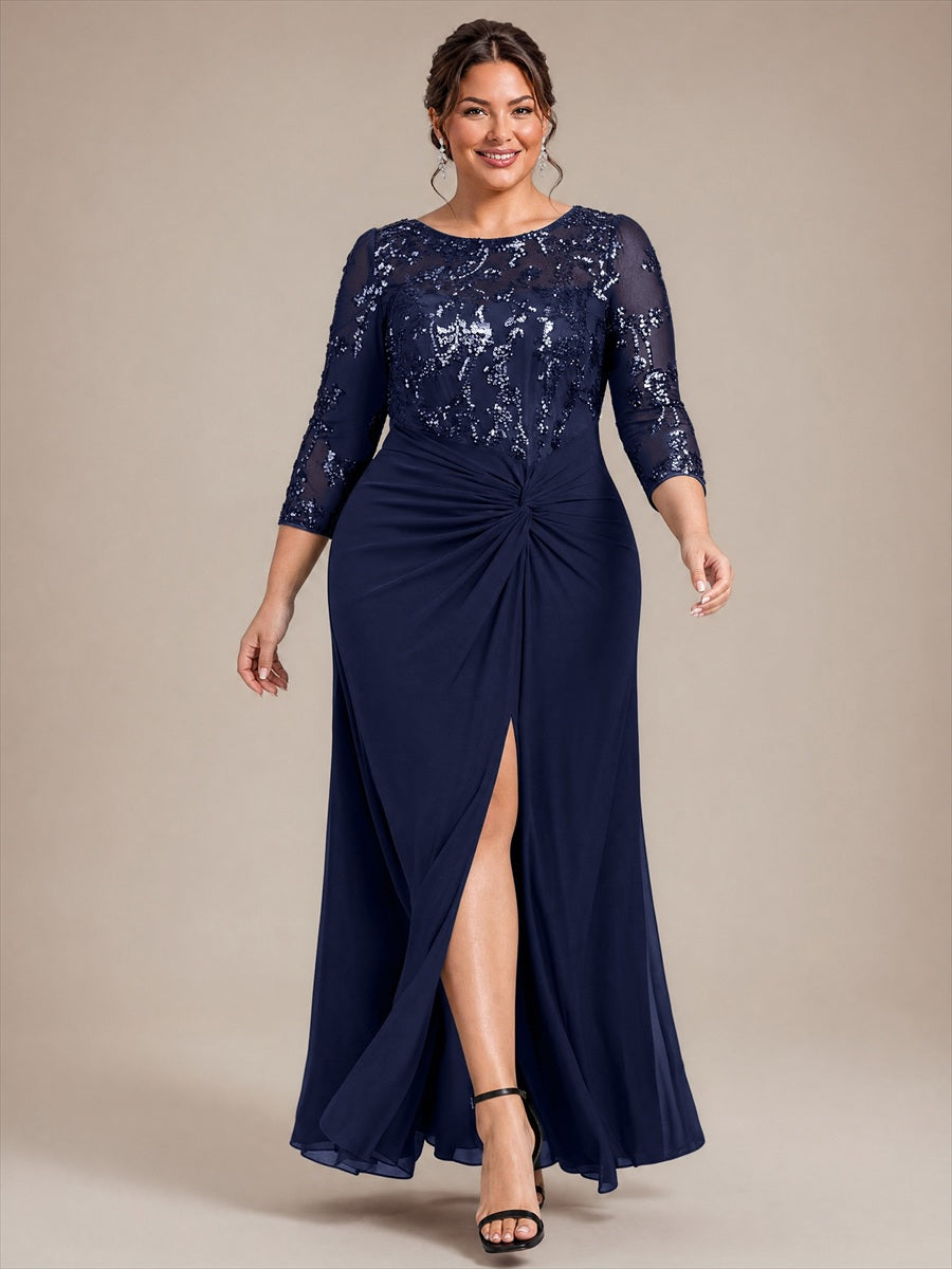 Maxilänge Runder Ausschnitt Asymmetrischer Saum Pailletten Kleid Zum Binden #Farbe_Marineblau