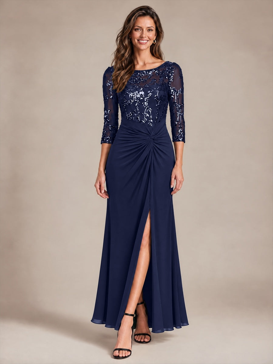 Maxilänge Runder Ausschnitt Asymmetrischer Saum Pailletten Kleid Zum Binden #Farbe_Marineblau