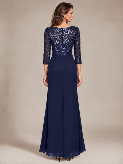 Maxilänge Runder Ausschnitt Asymmetrischer Saum Pailletten Kleid Zum Binden #Farbe_Marineblau