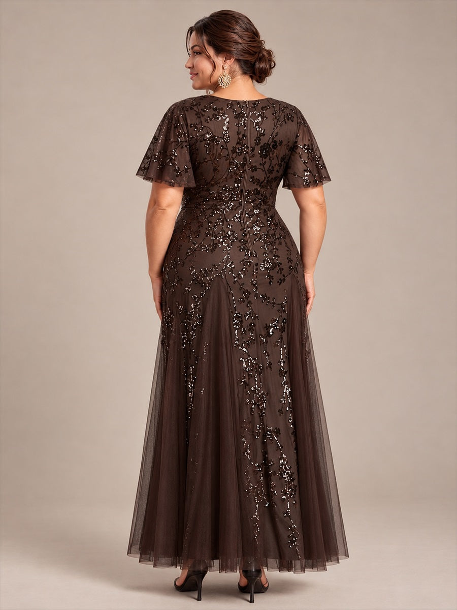 Maxi V-Ausschnitt A-Linie Kleid Aus Pailletten Mit Rüschendetails Aus Tüll #Farbe_Schokoladenbraun
