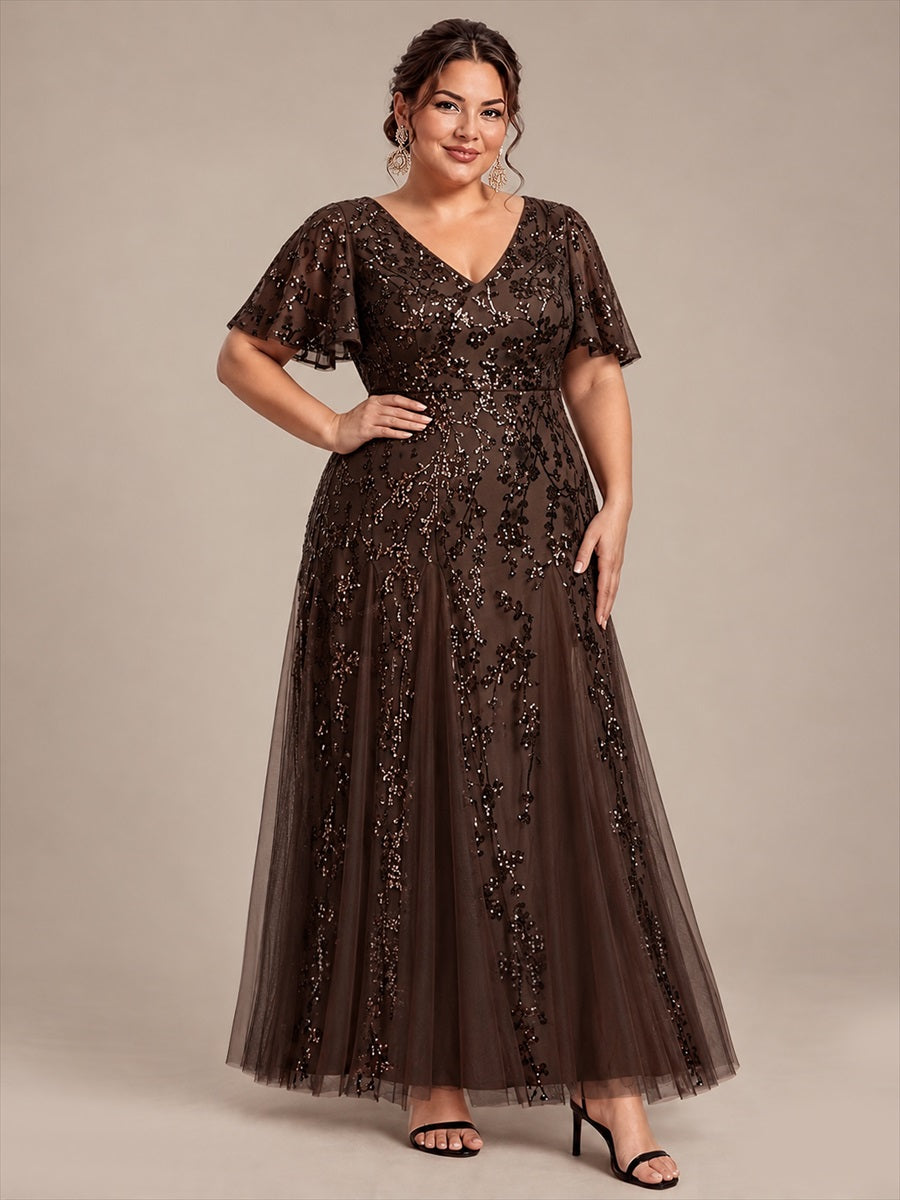 Maxi V-Ausschnitt A-Linie Kleid Aus Pailletten Mit Rüschendetails Aus Tüll #Farbe_Schokoladenbraun