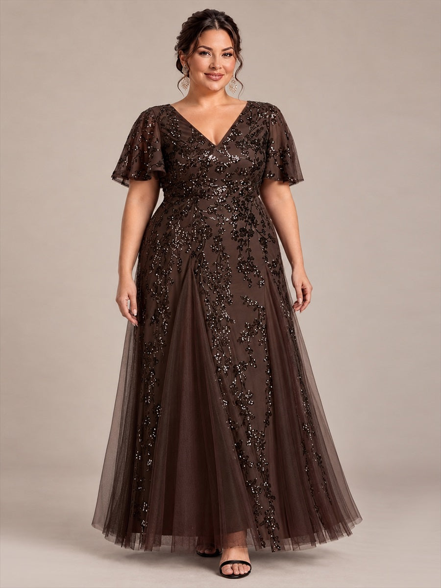 Maxi V-Ausschnitt A-Linie Kleid Aus Pailletten Mit Rüschendetails Aus Tüll #Farbe_Schokoladenbraun