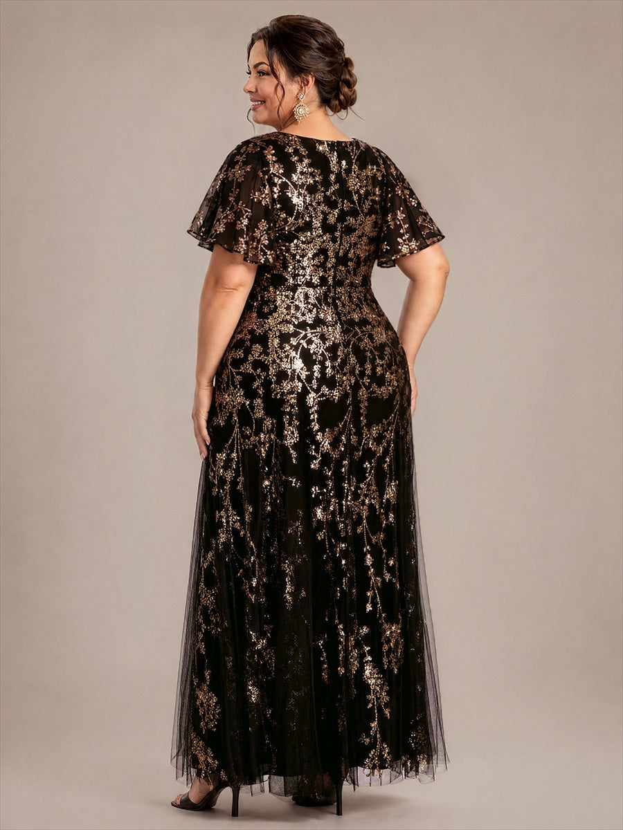 Maxi V-Ausschnitt A-Linie Kleid Aus Pailletten Mit Rüschendetails Aus Tüll #Farbe_Schwarz & Gold