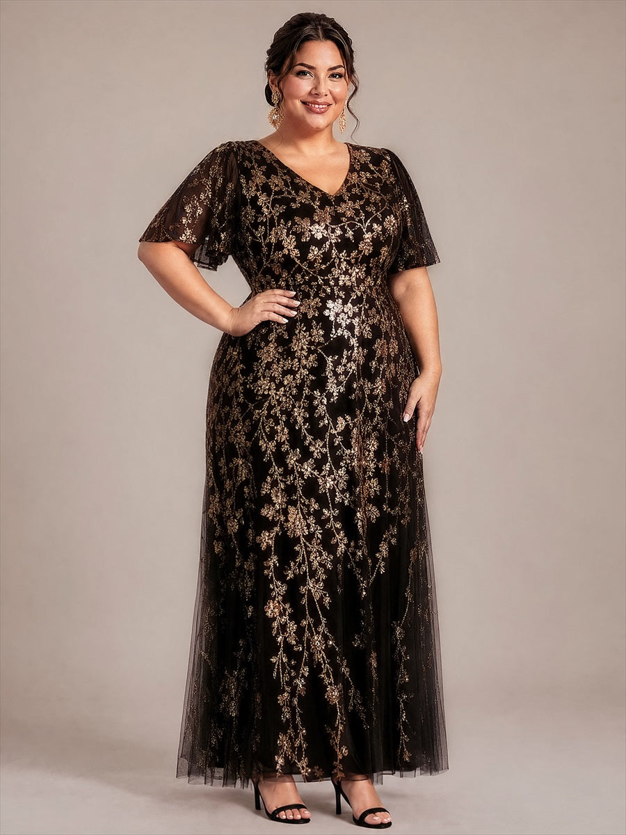 Maxi V-Ausschnitt A-Linie Kleid Aus Pailletten Mit Rüschendetails Aus Tüll #Farbe_Schwarz & Gold