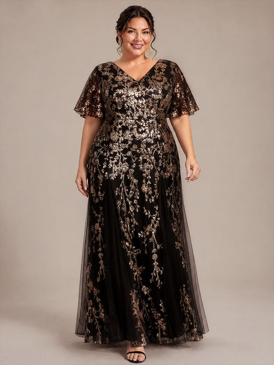 Maxi V-Ausschnitt A-Linie Kleid Aus Pailletten Mit Rüschendetails Aus Tüll #Farbe_Schwarz & Gold