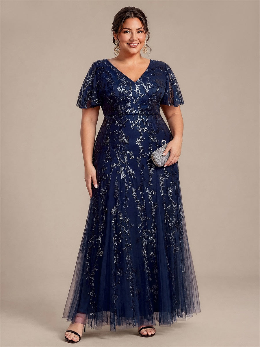 Maxi V-Ausschnitt A-Linie Kleid Aus Pailletten Mit Rüschendetails Aus Tüll #Farbe_Marineblau