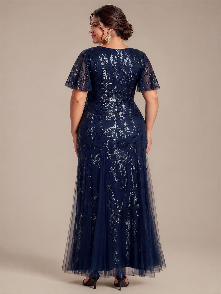 Maxi V-Ausschnitt A-Linie Kleid Aus Pailletten Mit Rüschendetails Aus Tüll #Farbe_Marineblau