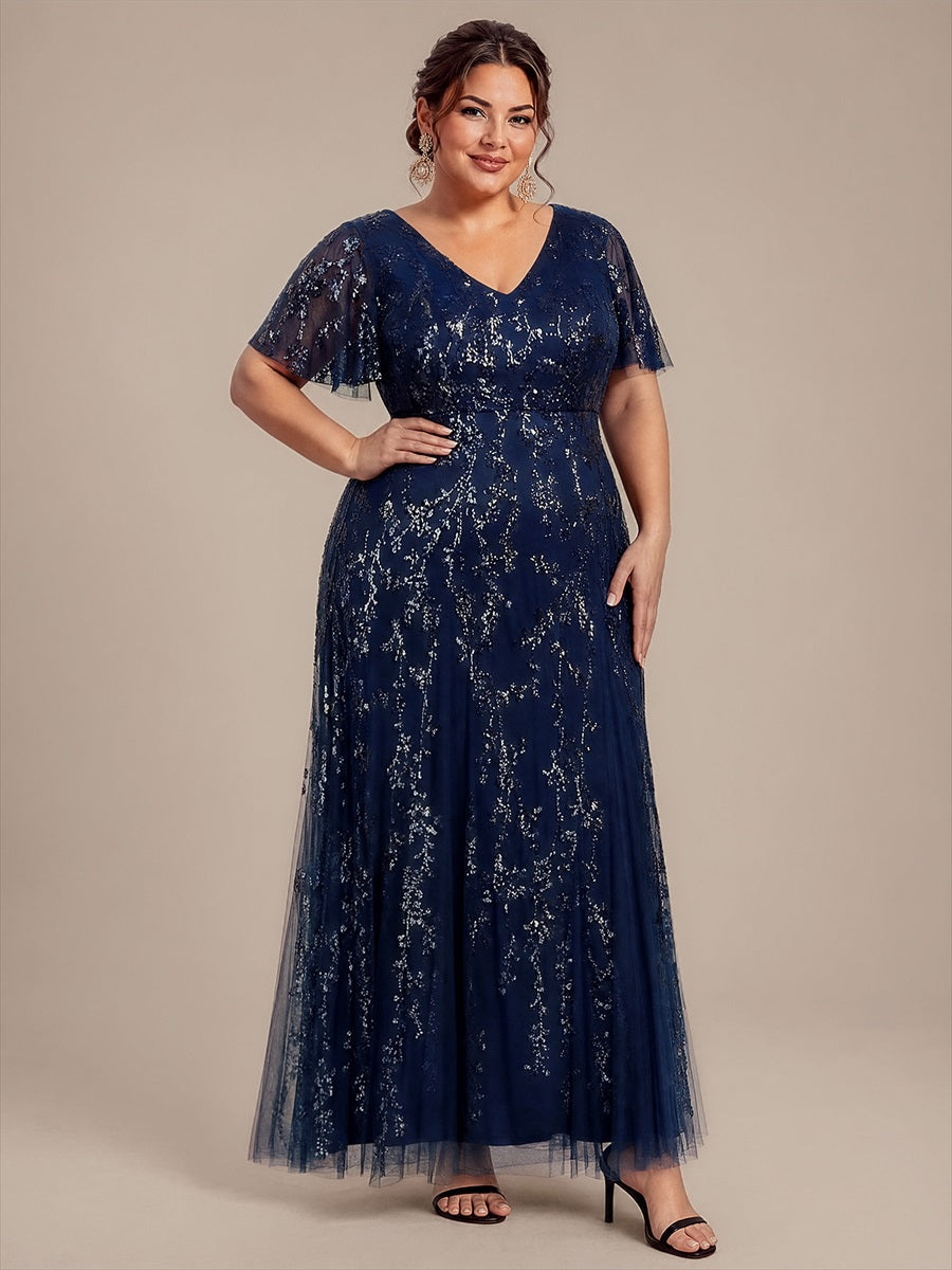 Maxi V-Ausschnitt A-Linie Kleid Aus Pailletten Mit Rüschendetails Aus Tüll #Farbe_Marineblau