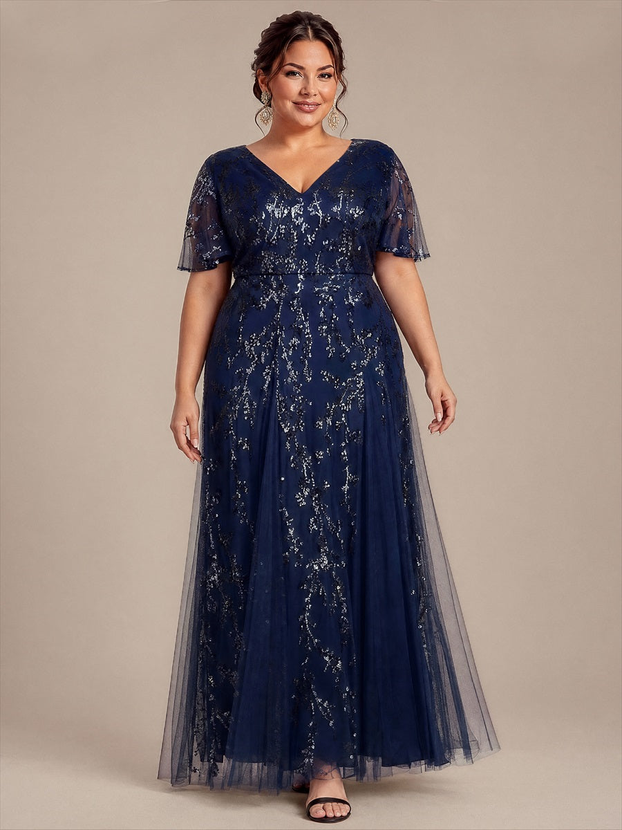 Maxi V-Ausschnitt A-Linie Kleid Aus Pailletten Mit Rüschendetails Aus Tüll #Farbe_Marineblau