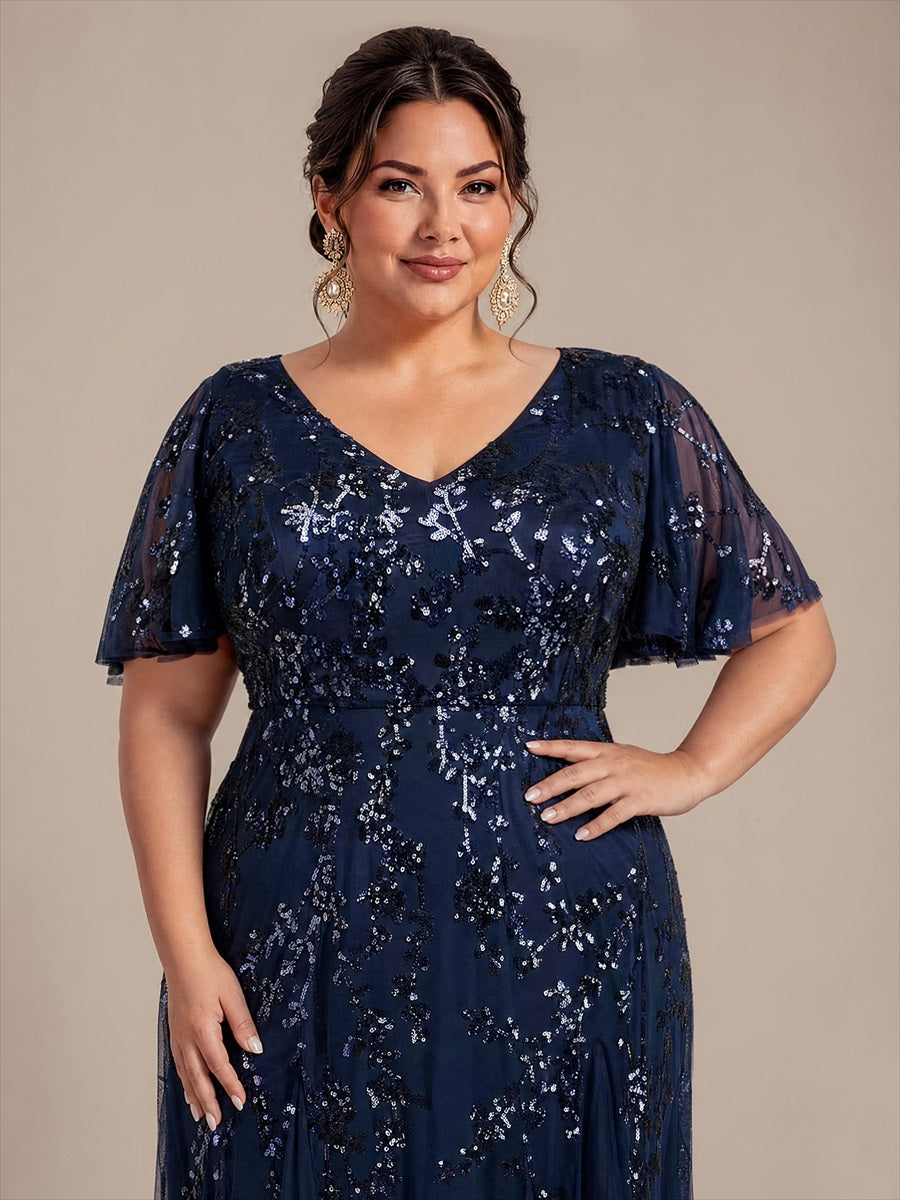 Maxi V-Ausschnitt A-Linie Kleid Aus Pailletten Mit Rüschendetails Aus Tüll #Farbe_Marineblau