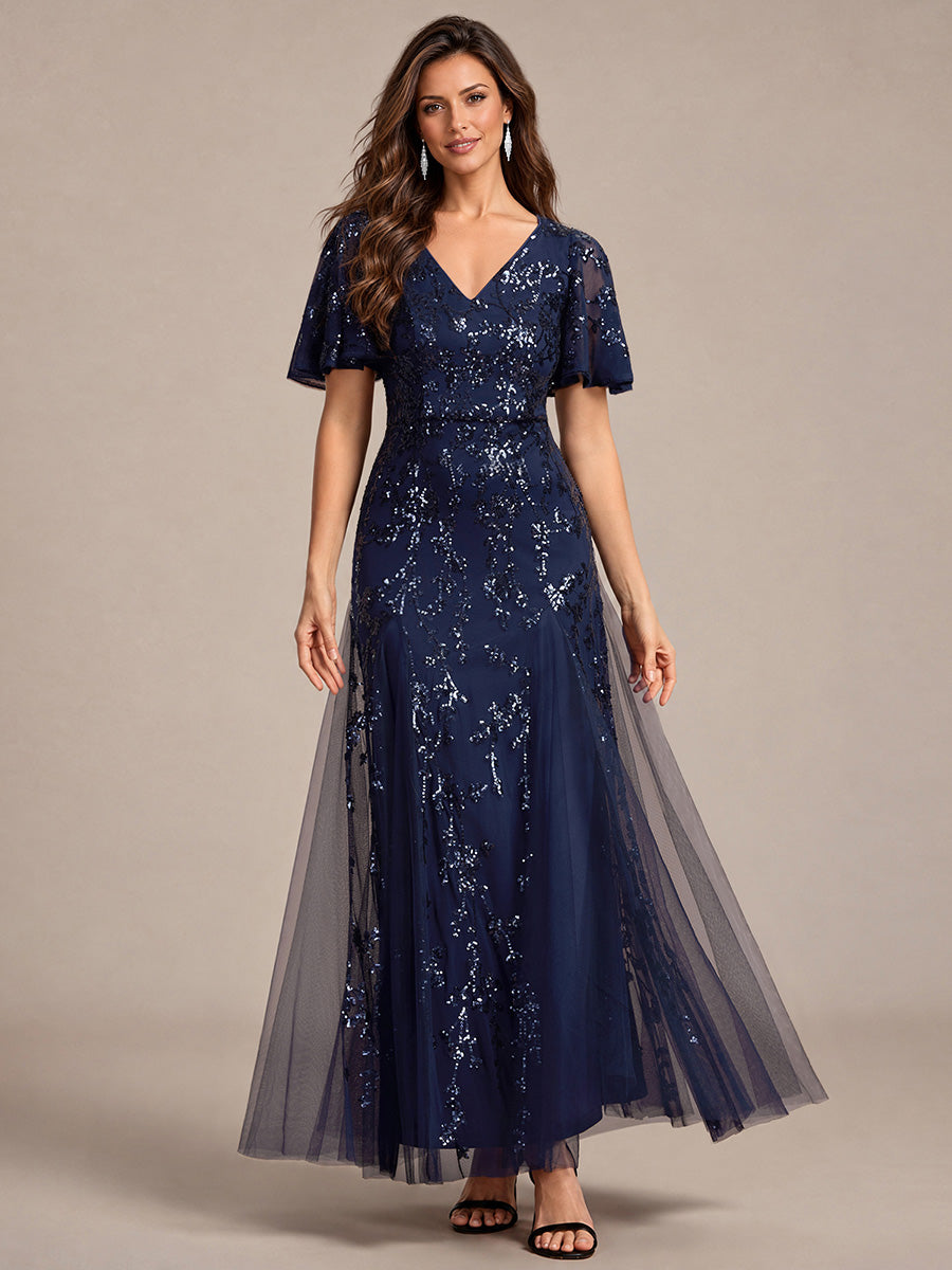 Maxi V-Ausschnitt A-Linie Kleid Aus Pailletten Mit Rüschendetails Aus Tüll #Farbe_Marineblau
