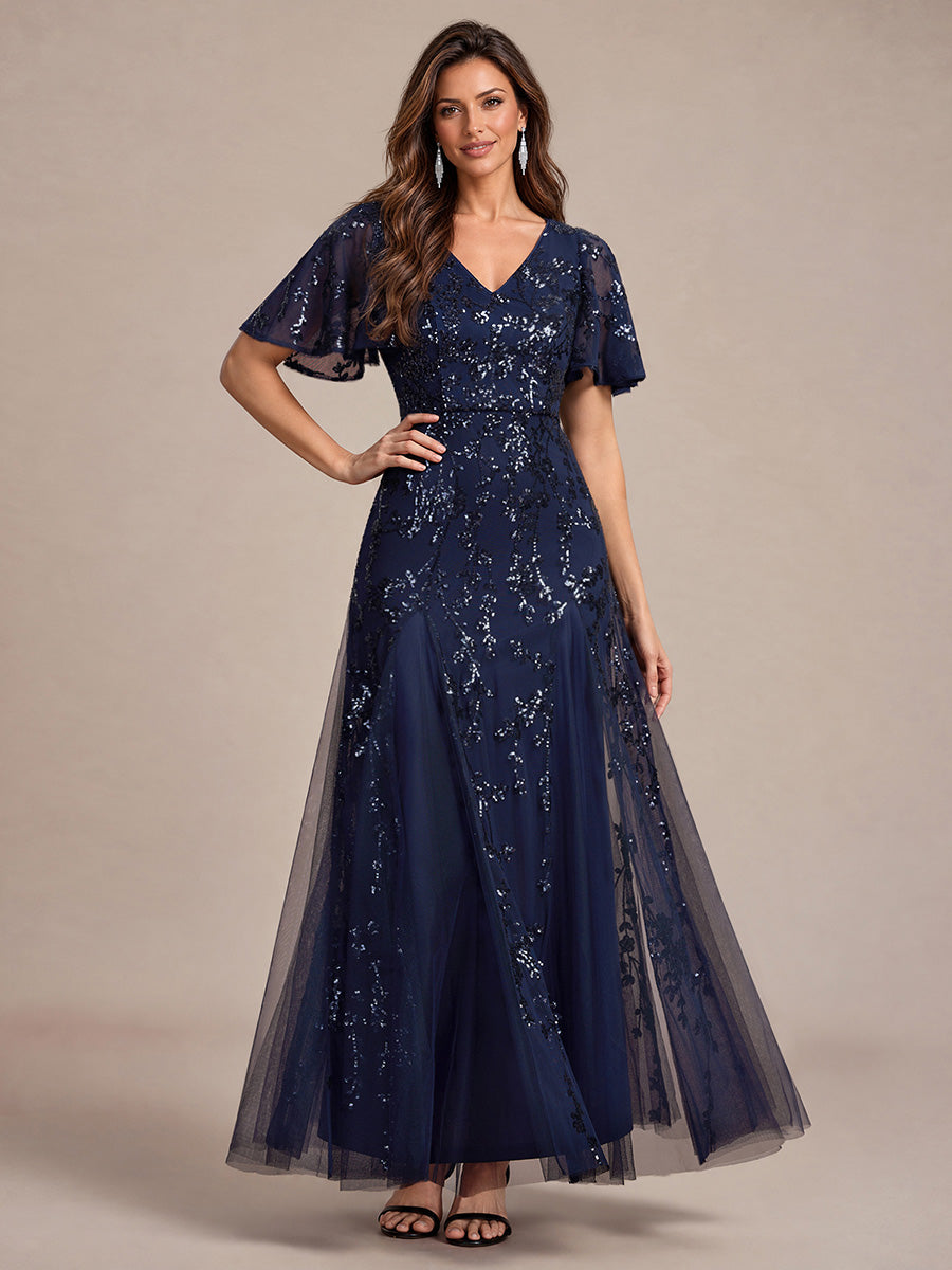 Maxi V-Ausschnitt A-Linie Kleid Aus Pailletten Mit Rüschendetails Aus Tüll #Farbe_Marineblau