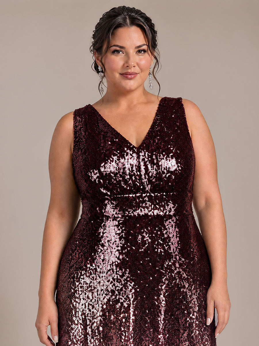 Pailletten V-Ausschnitt Ärmelloses Abendkleid #Farbe_Dunkellila und Lavendel