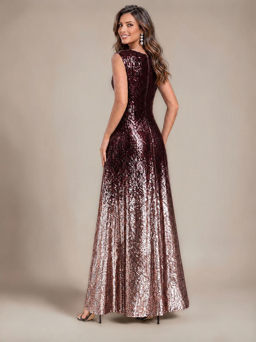 Pailletten V-Ausschnitt Ärmelloses Abendkleid #Farbe_Dunkellila und Lavendel