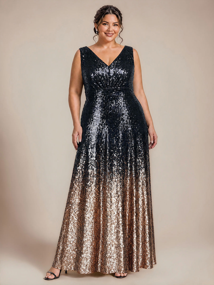 Pailletten V-Ausschnitt Ärmelloses Abendkleid #Farbe_Marineblau & Champagner