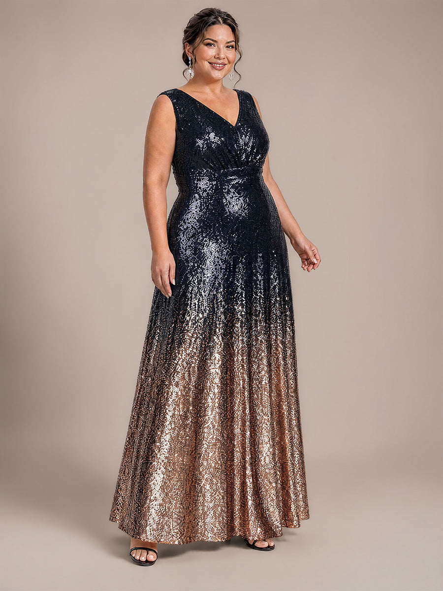 Pailletten V-Ausschnitt Ärmelloses Abendkleid #Farbe_Marineblau & Champagner