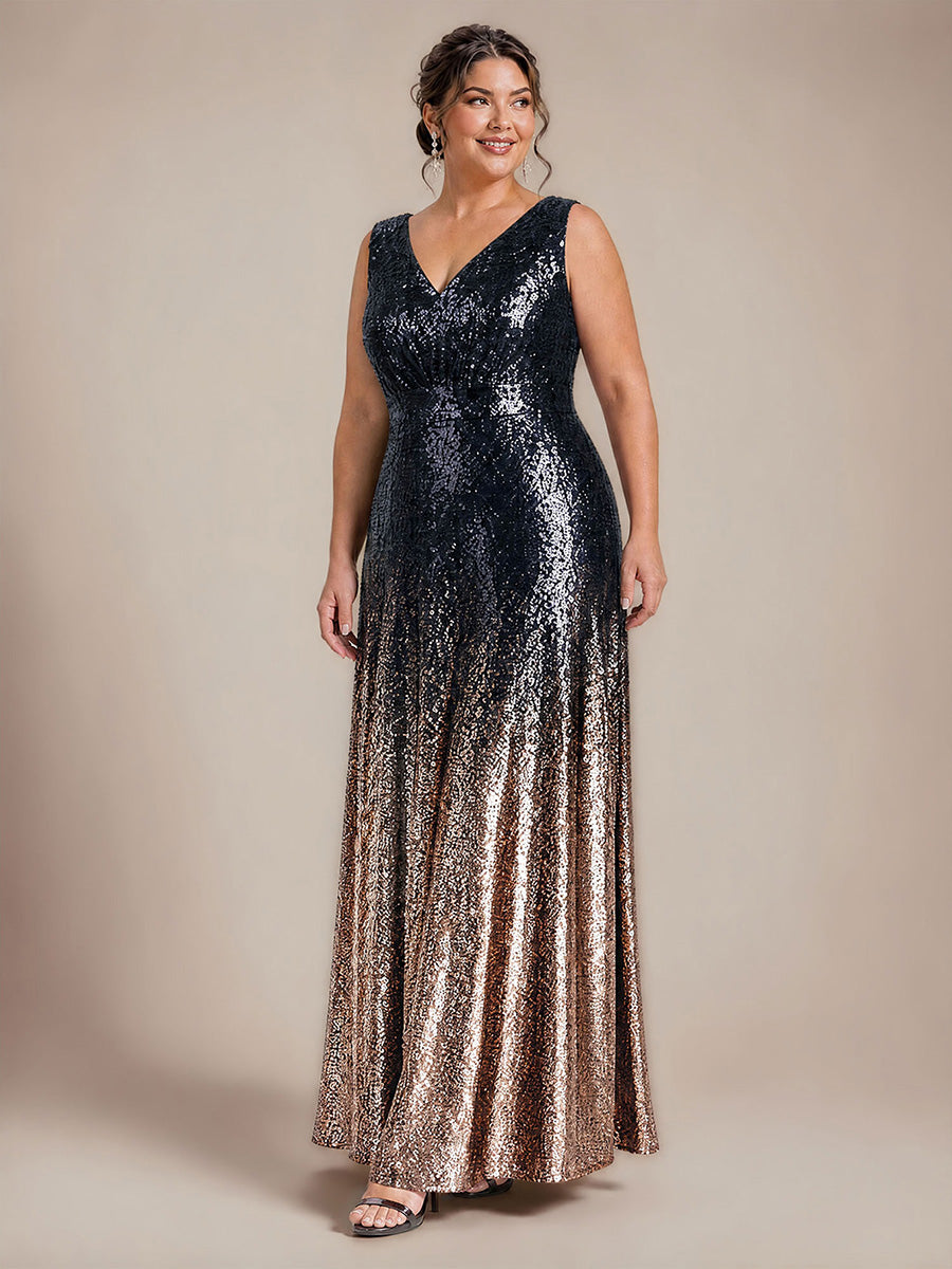Pailletten V-Ausschnitt Ärmelloses Abendkleid #Farbe_Marineblau & Champagner