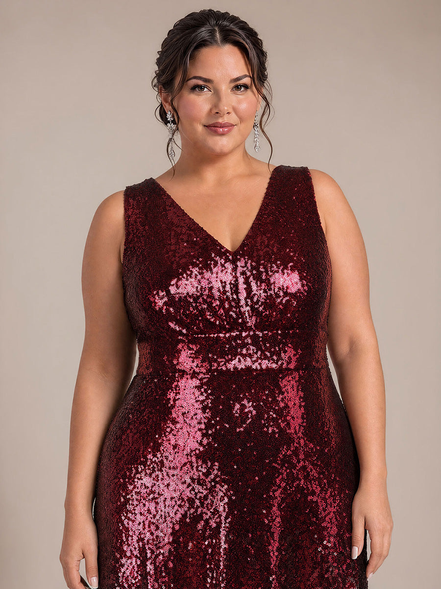 Pailletten V-Ausschnitt Ärmelloses Abendkleid #Farbe_Burgunderrot & Pink