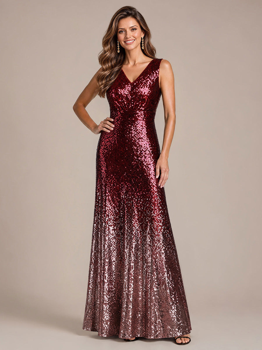 Pailletten V-Ausschnitt Ärmelloses Abendkleid #Farbe_Burgunderrot & Pink