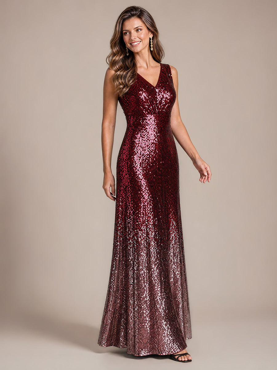Pailletten V-Ausschnitt Ärmelloses Abendkleid #Farbe_Burgunderrot & Pink