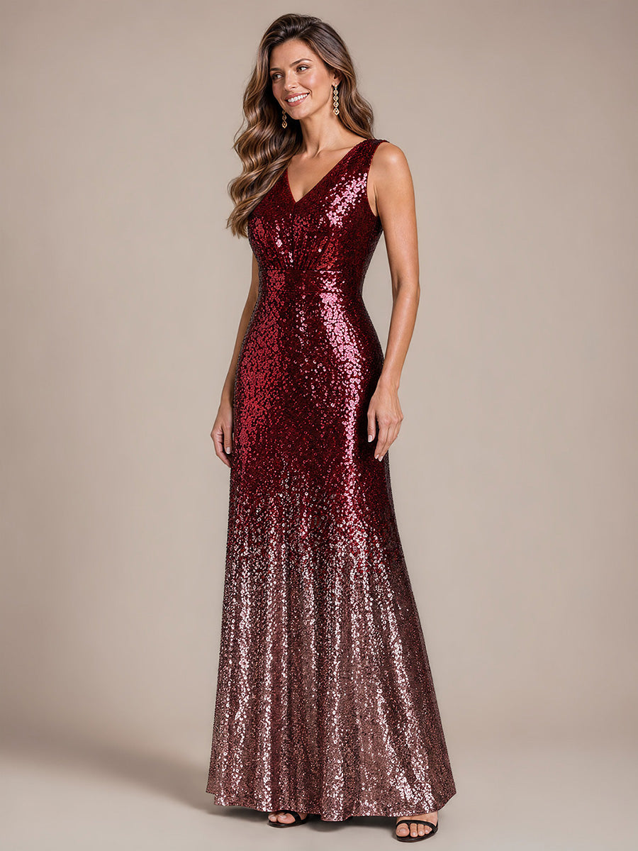 Pailletten V-Ausschnitt Ärmelloses Abendkleid #Farbe_Burgunderrot & Pink