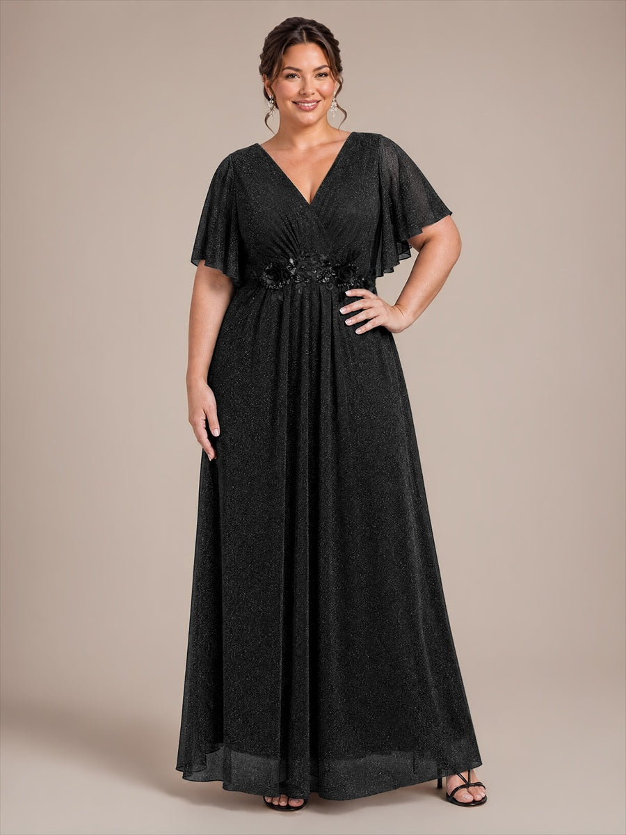 Maxikleid Mit V-Ausschnitt Falten Design Aus Lurex Netzstoff Fließender Rock Elegantes Abendkleid #Farbe_Schwarz