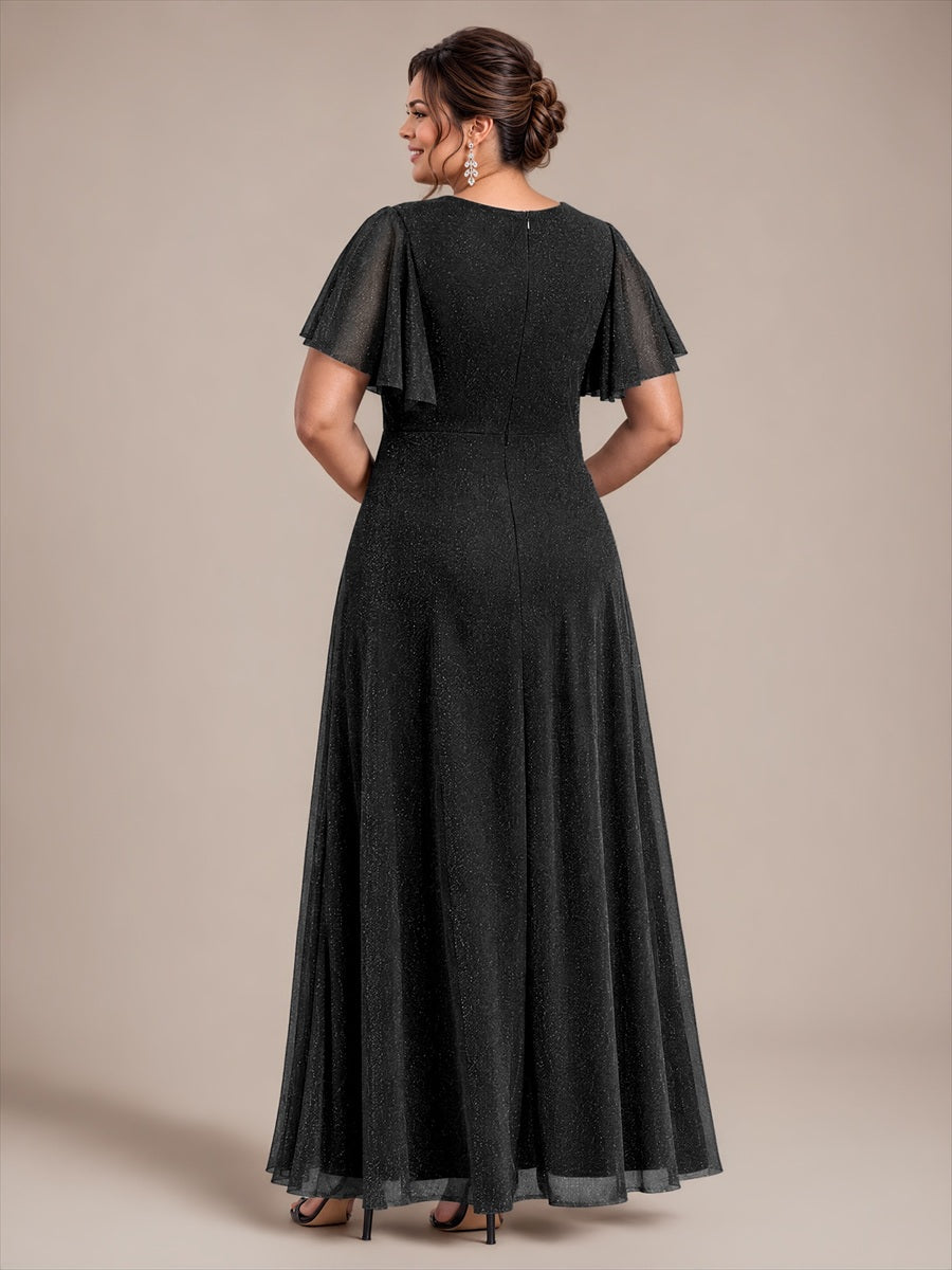 Maxikleid Mit V-Ausschnitt Falten Design Aus Lurex Netzstoff Fließender Rock Elegantes Abendkleid #Farbe_Schwarz