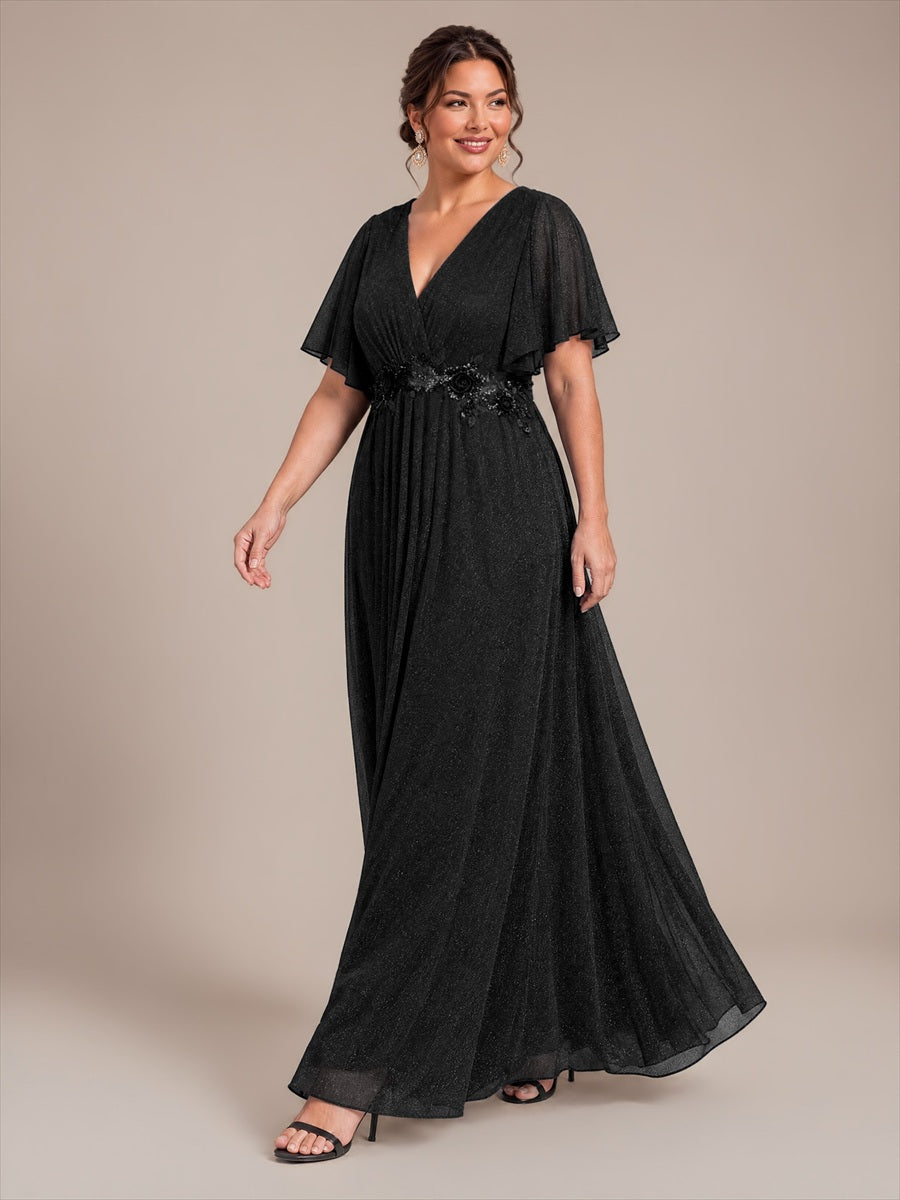 Maxikleid Mit V-Ausschnitt Falten Design Aus Lurex Netzstoff Fließender Rock Elegantes Abendkleid #Farbe_Schwarz