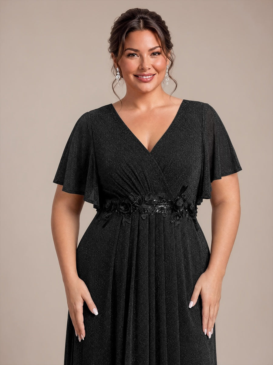 Maxikleid Mit V-Ausschnitt Falten Design Aus Lurex Netzstoff Fließender Rock Elegantes Abendkleid #Farbe_Schwarz