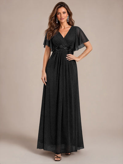 Maxikleid Mit V-Ausschnitt Falten Design Aus Lurex Netzstoff Fließender Rock Elegantes Abendkleid #Farbe_Schwarz