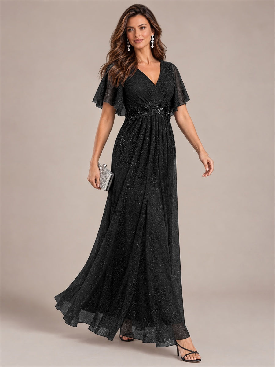 Maxikleid Mit V-Ausschnitt Falten Design Aus Lurex Netzstoff Fließender Rock Elegantes Abendkleid #Farbe_Schwarz