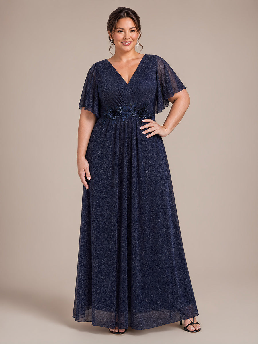 Maxikleid Mit V-Ausschnitt Falten Design Aus Lurex Netzstoff Fließender Rock Elegantes Abendkleid #Farbe_Marineblau