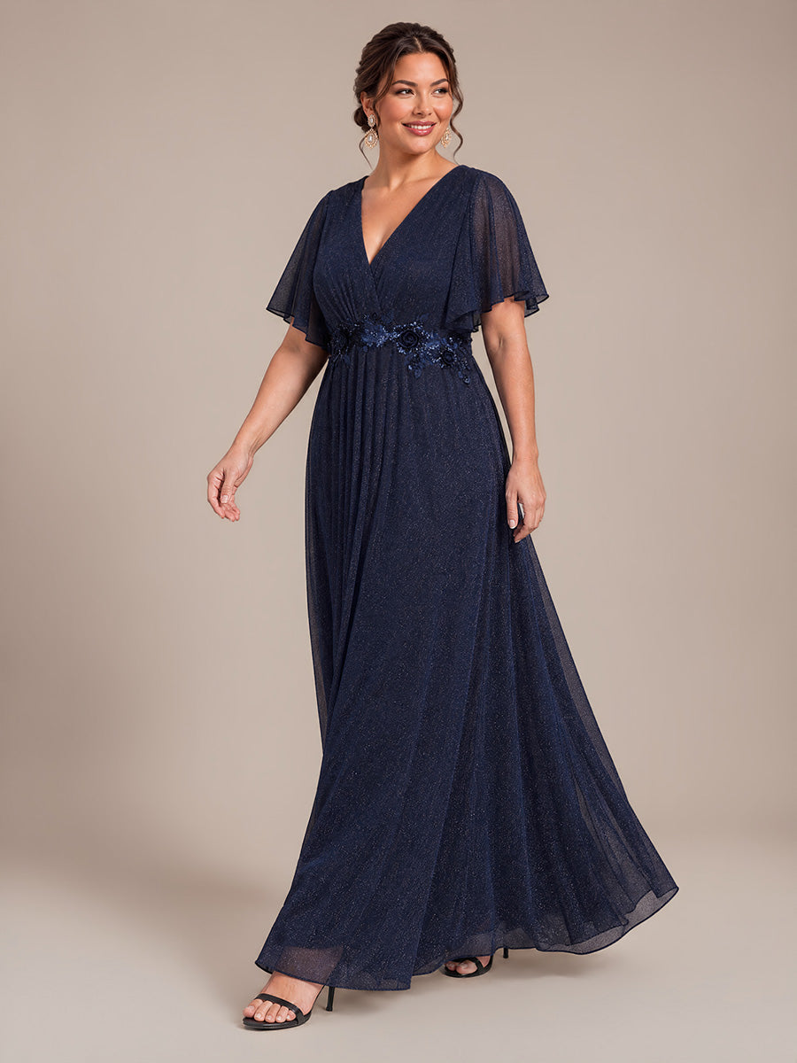 Maxikleid Mit V-Ausschnitt Falten Design Aus Lurex Netzstoff Fließender Rock Elegantes Abendkleid #Farbe_Marineblau
