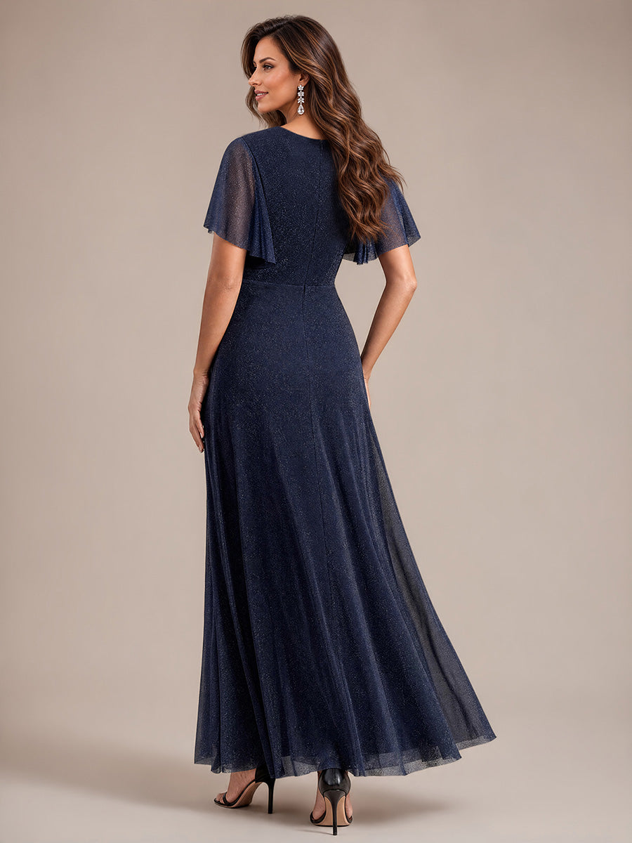 Maxikleid Mit V-Ausschnitt Falten Design Aus Lurex Netzstoff Fließender Rock Elegantes Abendkleid #Farbe_Marineblau