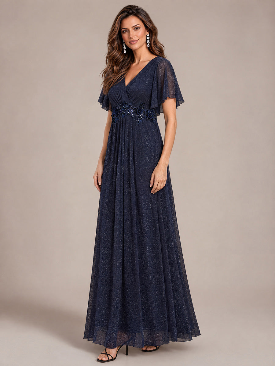 Maxikleid Mit V-Ausschnitt Falten Design Aus Lurex Netzstoff Fließender Rock Elegantes Abendkleid #Farbe_Marineblau