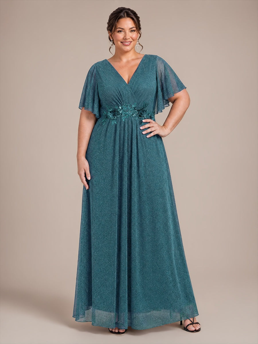 Maxikleid Mit V-Ausschnitt Falten Design Aus Lurex Netzstoff Fließender Rock Elegantes Abendkleid #Farbe_Petrol