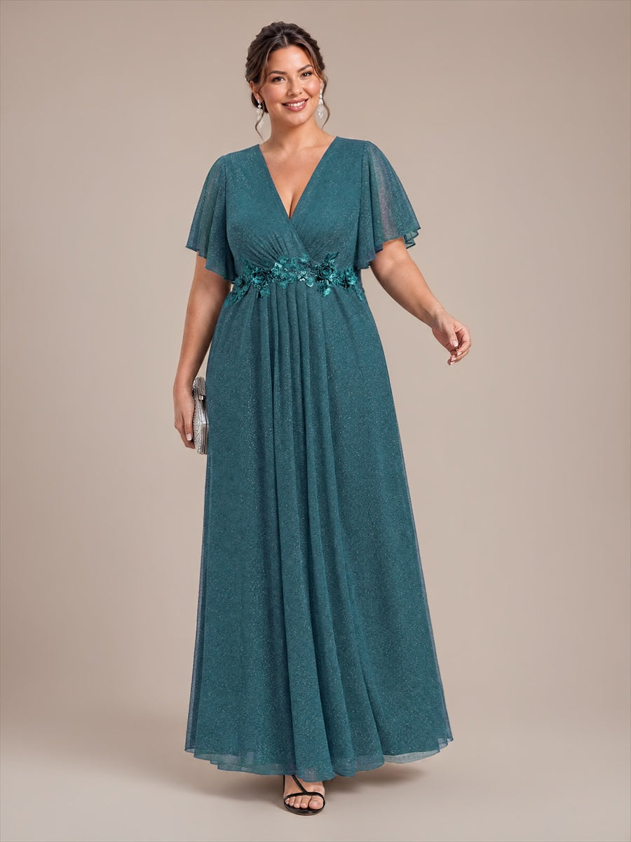Maxikleid Mit V-Ausschnitt Falten Design Aus Lurex Netzstoff Fließender Rock Elegantes Abendkleid #Farbe_Petrol