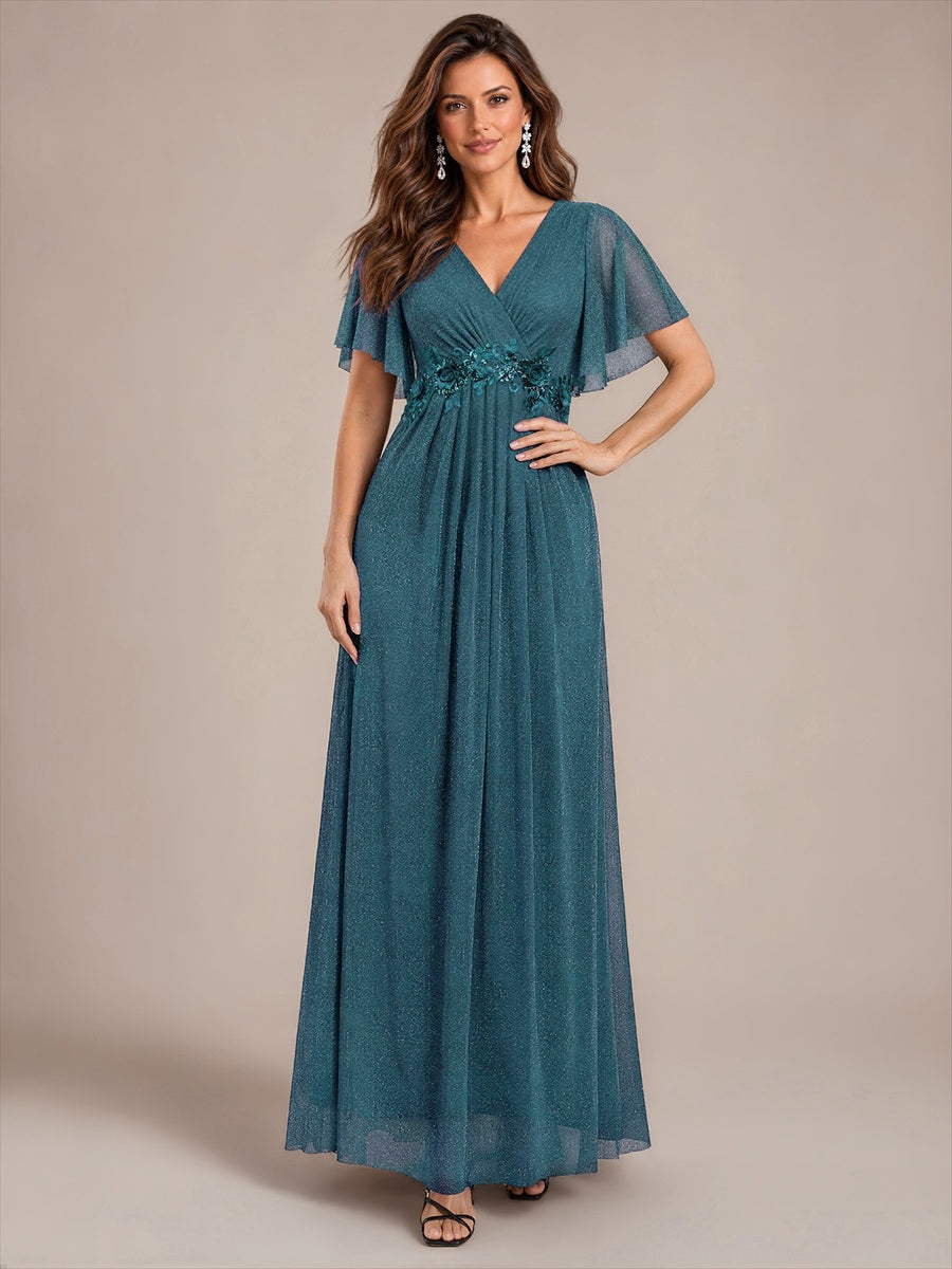 Maxikleid Mit V-Ausschnitt Falten Design Aus Lurex Netzstoff Fließender Rock Elegantes Abendkleid #Farbe_Petrol