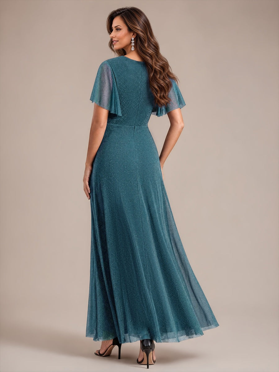 Maxikleid Mit V-Ausschnitt Falten Design Aus Lurex Netzstoff Fließender Rock Elegantes Abendkleid #Farbe_Petrol