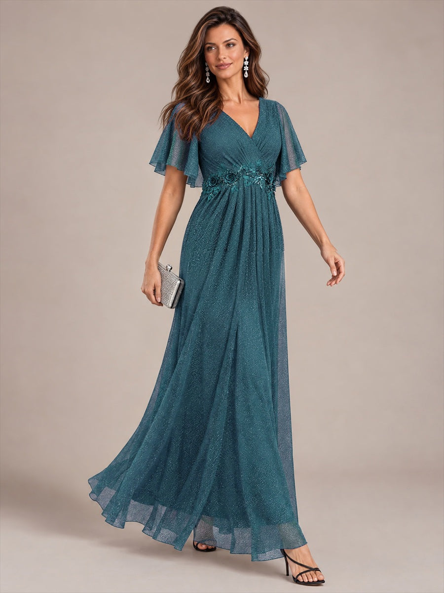 Maxikleid Mit V-Ausschnitt Falten Design Aus Lurex Netzstoff Fließender Rock Elegantes Abendkleid #Farbe_Petrol