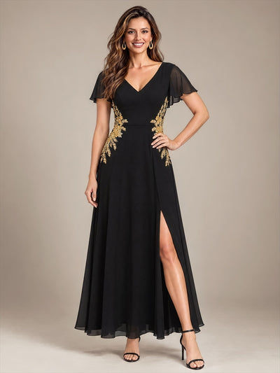 Pailletten-Perlen-Chiffon-A-Linien- mit V-Ausschnitt Abendkleid #Farbe_Schwarz