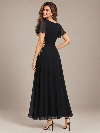Pailletten-Perlen-Chiffon-A-Linien- mit V-Ausschnitt Abendkleid #Farbe_Schwarz