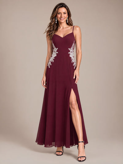 Pailletten-Chiffon-A-Linien- mit V-Ausschnitt ärmellos Abendkleid #Farbe_Burgunderrot