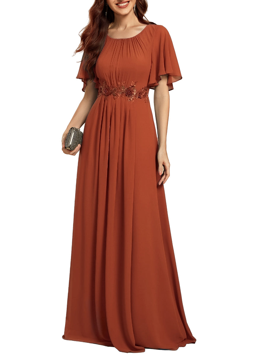 Bodenlanger A-Linien Chiffonkleid Mit Raffung Blumenmuster Und Applikationen #Farbe_Gebranntes Orange