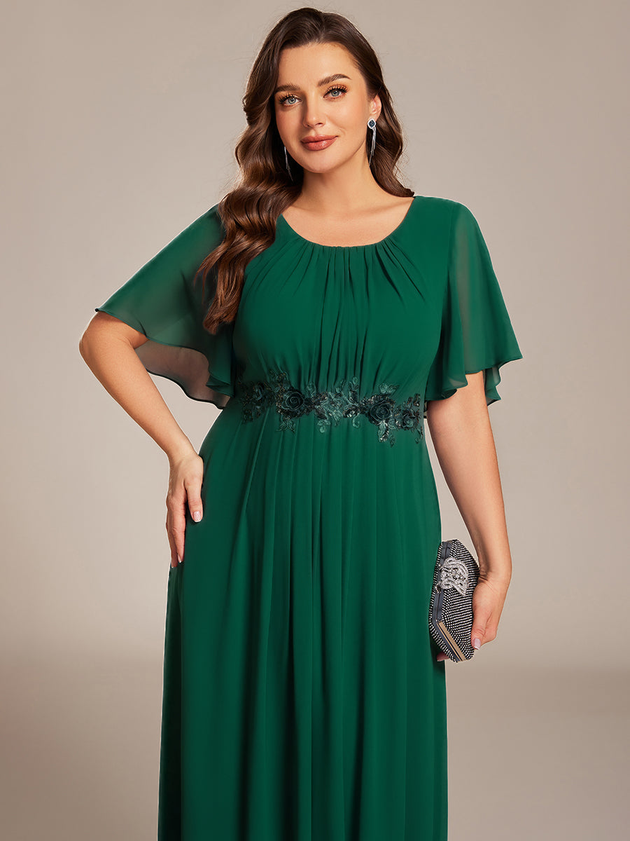 Bodenlanger A-Linien Chiffonkleid Mit Raffung Blumenmuster Und Applikationen #Farbe_Dunkelgrün